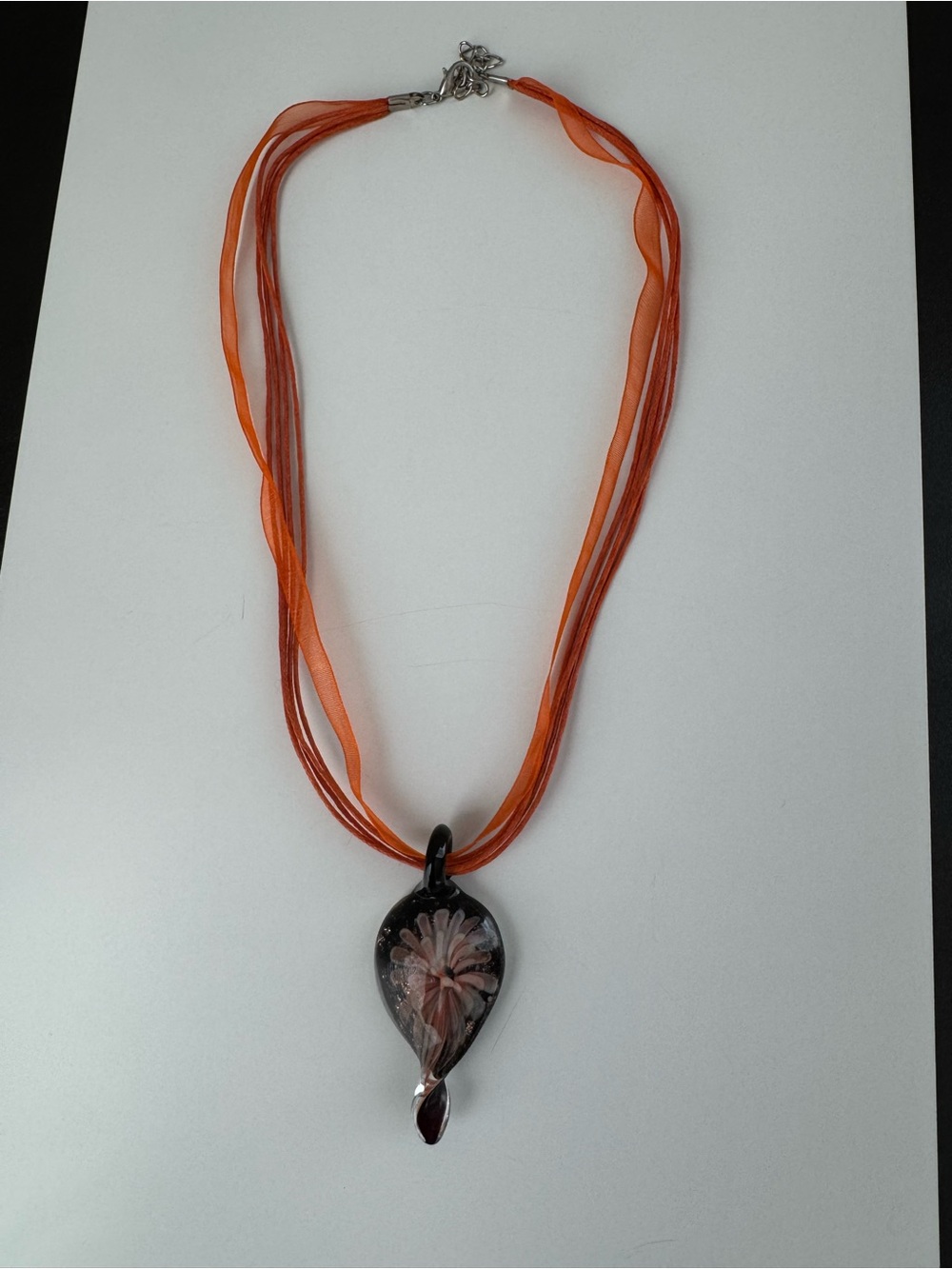 Handmade Floral Glass Pendant Necklace - Orange Ribbon